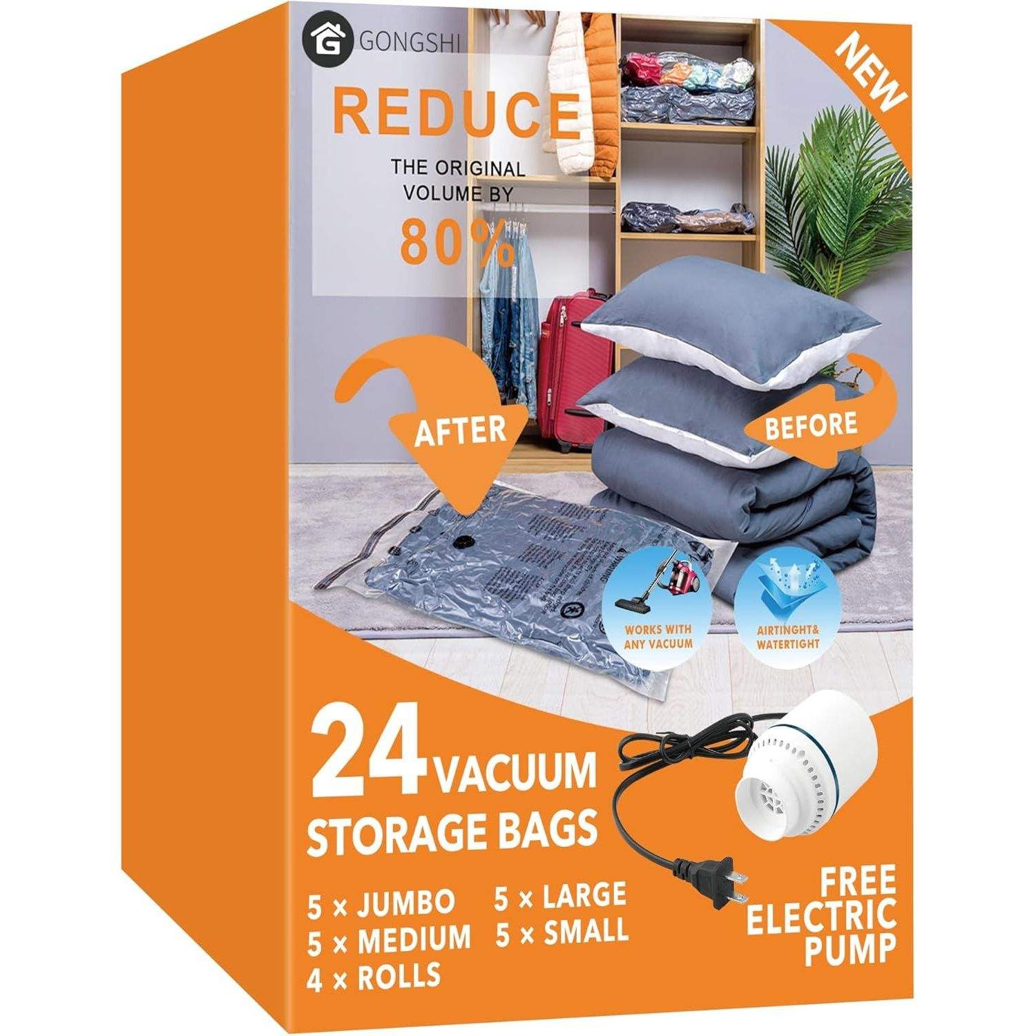24-pack vacuum compression storage bags set with free electric pump