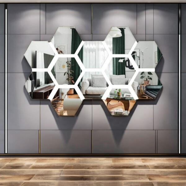 Hexagon Mirror Wall Stickers Arranged on Dark Wood Bedroom Wall