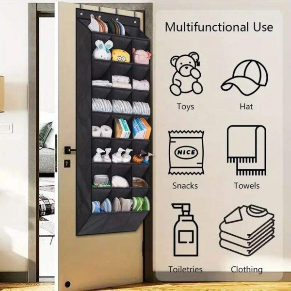 8 tier 24 pocket over door shoe organizer showing multi-functional uses