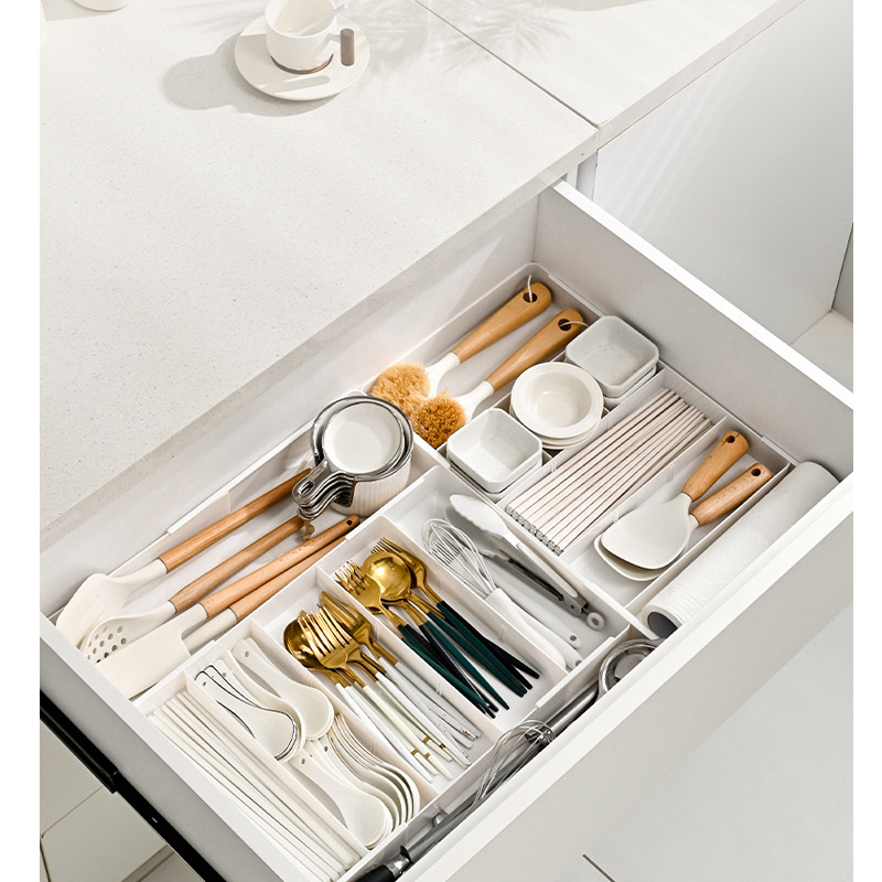 White adjustable drawer organizer, kitchen utensils storage, multi-grid design