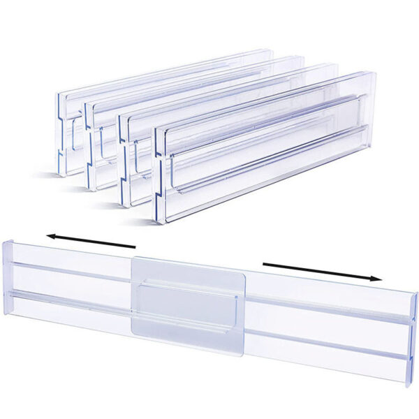 Adjustable transparent plastic drawer dividers showing expandable structure