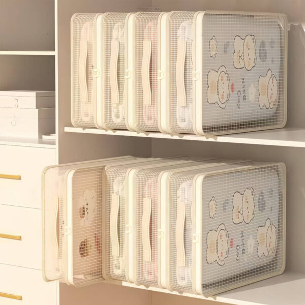 Cartoon print bed sheet storage bags neatly arranged in closet shelves