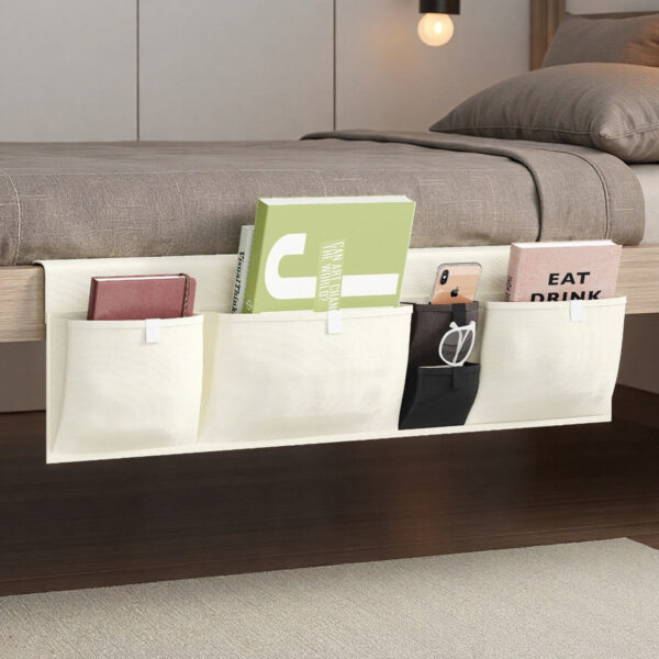 Back view of empty fabric bedside hanging storage caddy