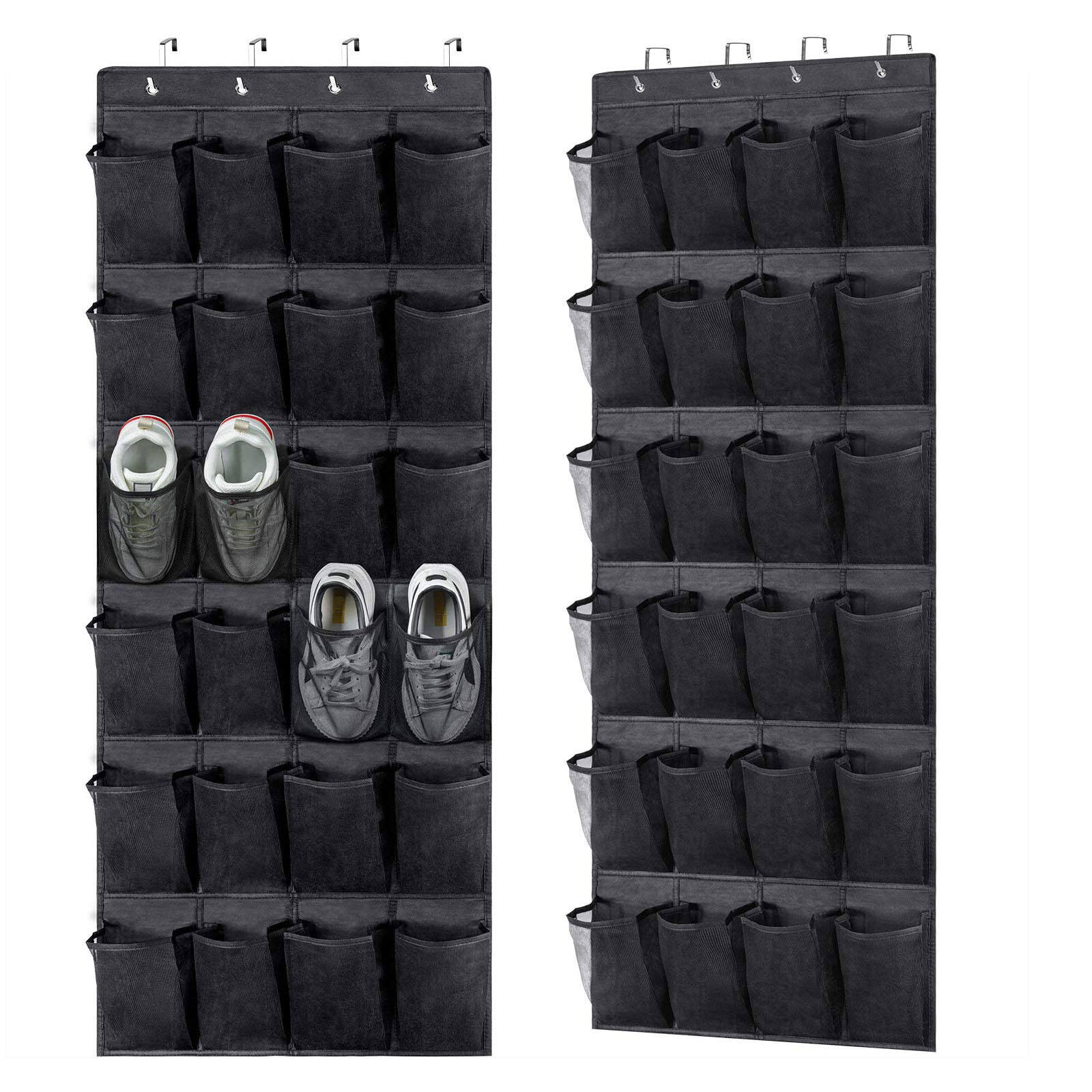 Black fabric 24-pocket door shoe organizer with shoes in pockets