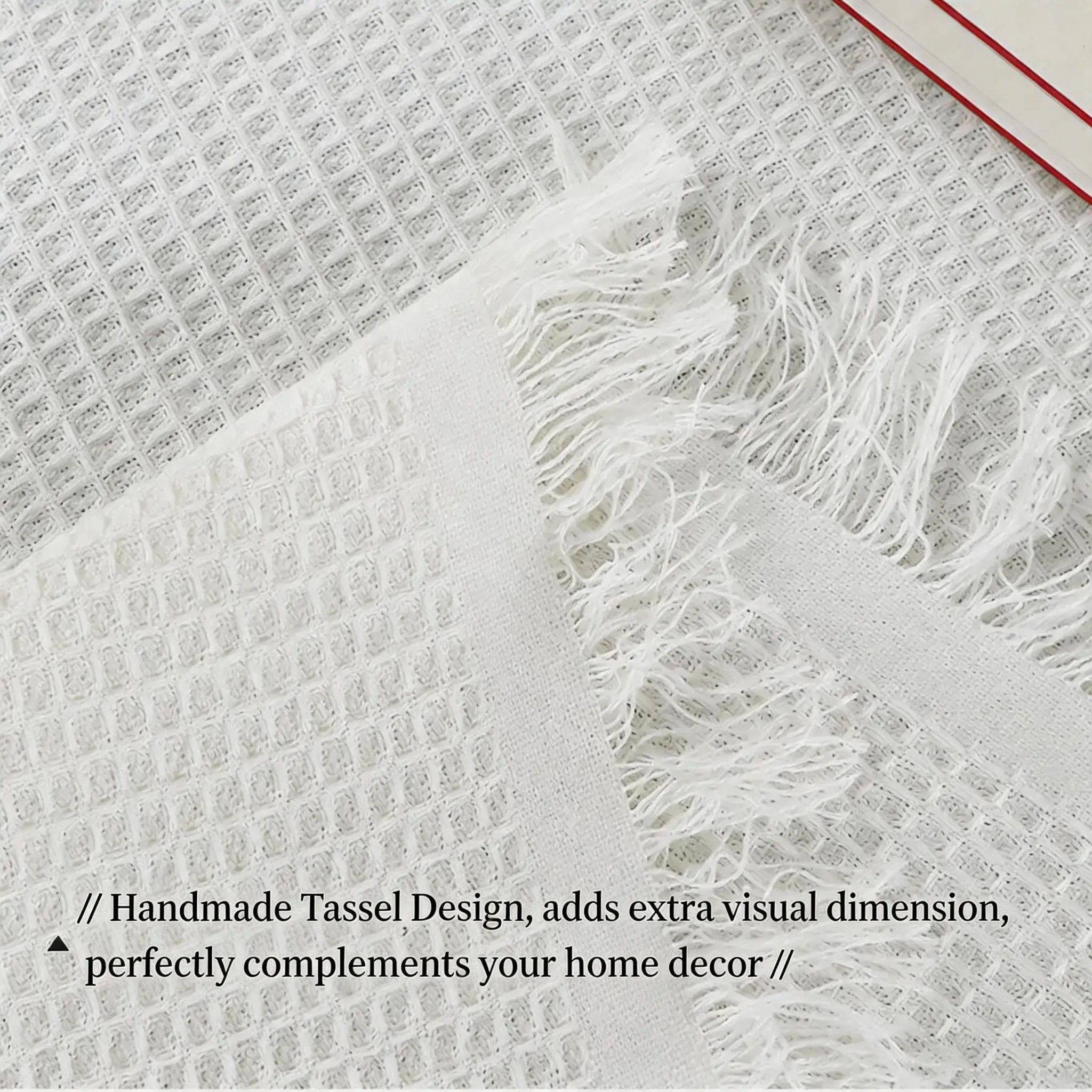 Exquisite tassel edge closeup detail of bohemian vintage table cloth
