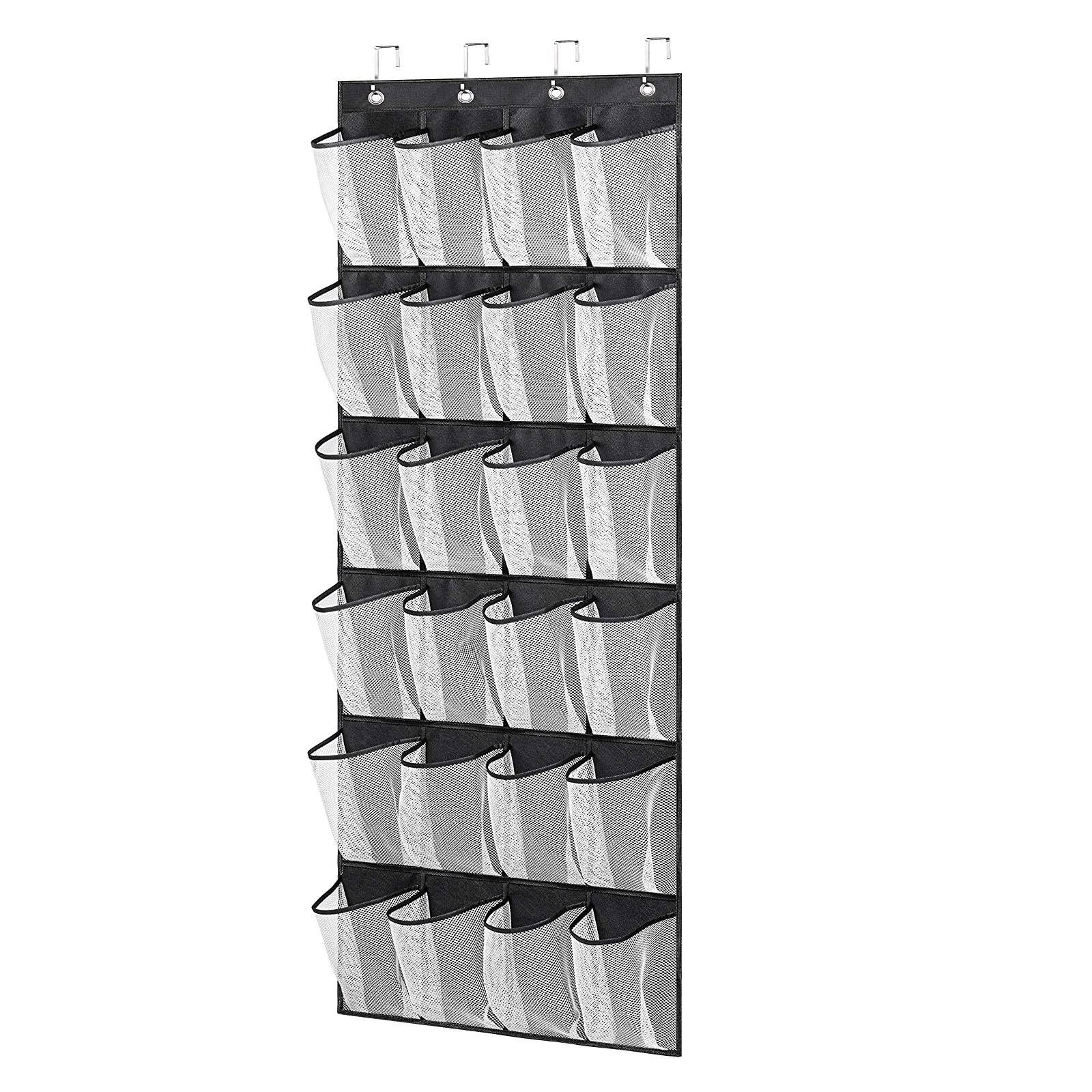 Multi-use infographic showing over-the-door organizer for shoes, toiletries and more