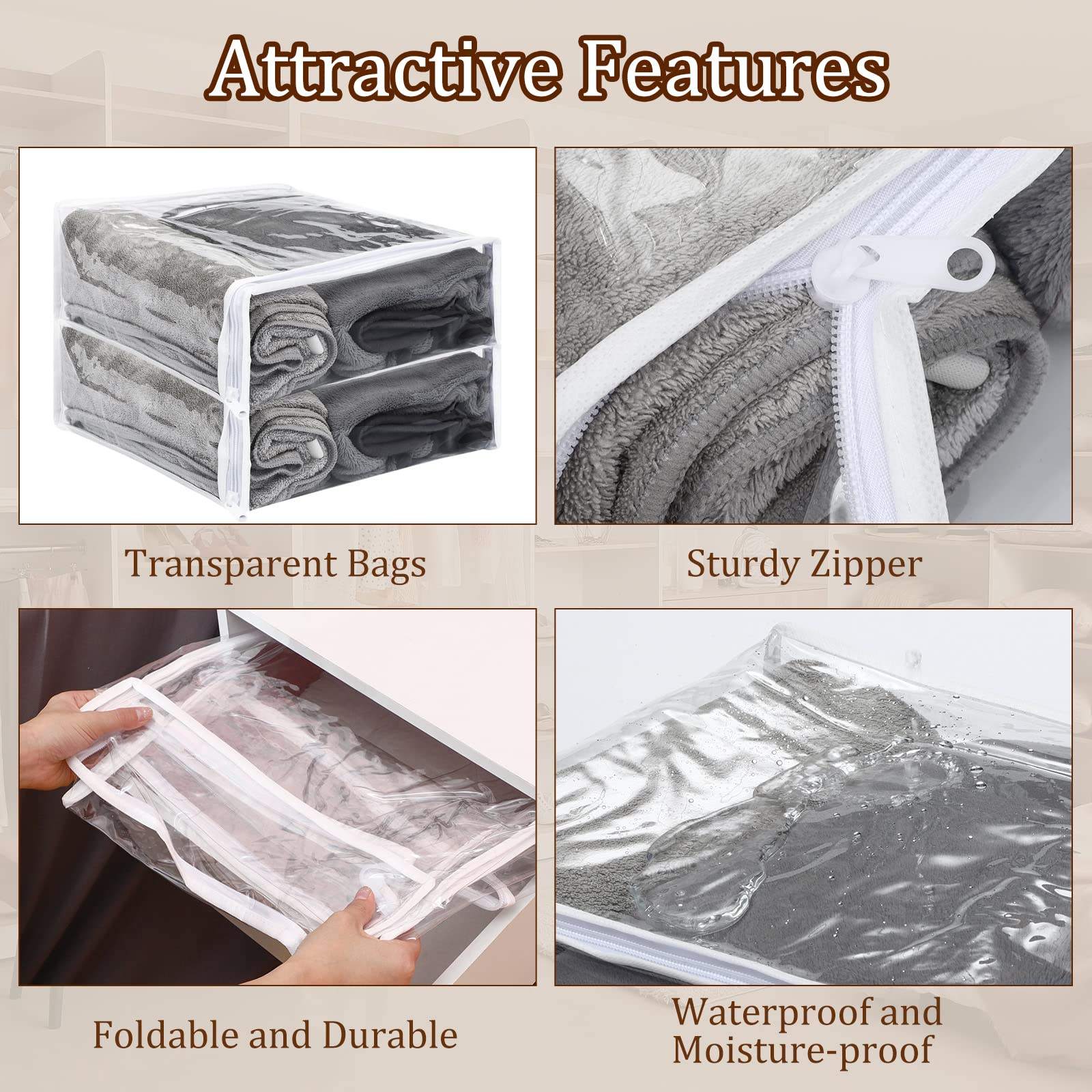Infographic showing key features of transparent clothes storage bags
