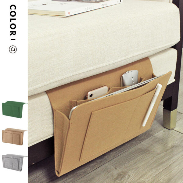 Khaki felt bedside hanging organizer attached to bed frame
