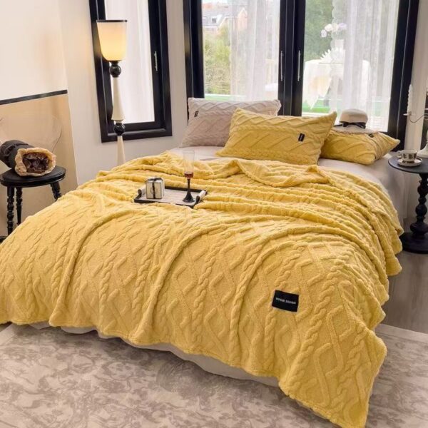 Yellow fluffy flannel bed sheet set, thick warm bedding for winter bedroom