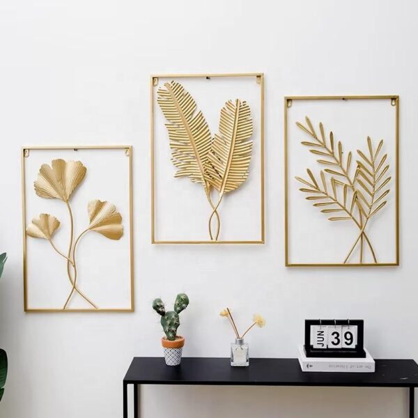Set of 3 Gold Leaf Metal Wall Art Decor on White Wall