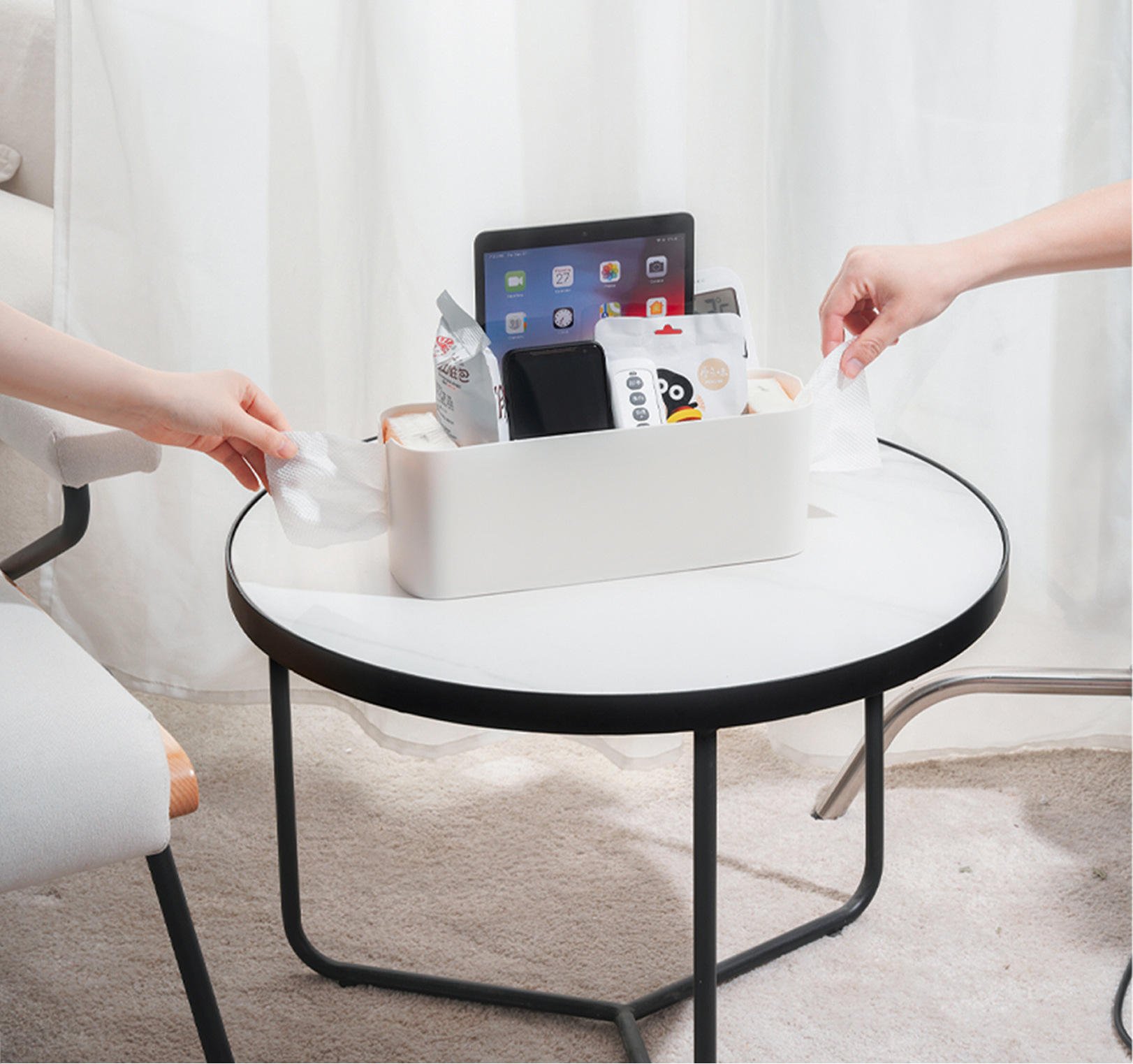 Bedside hanging basket used as desktop organizer for small items