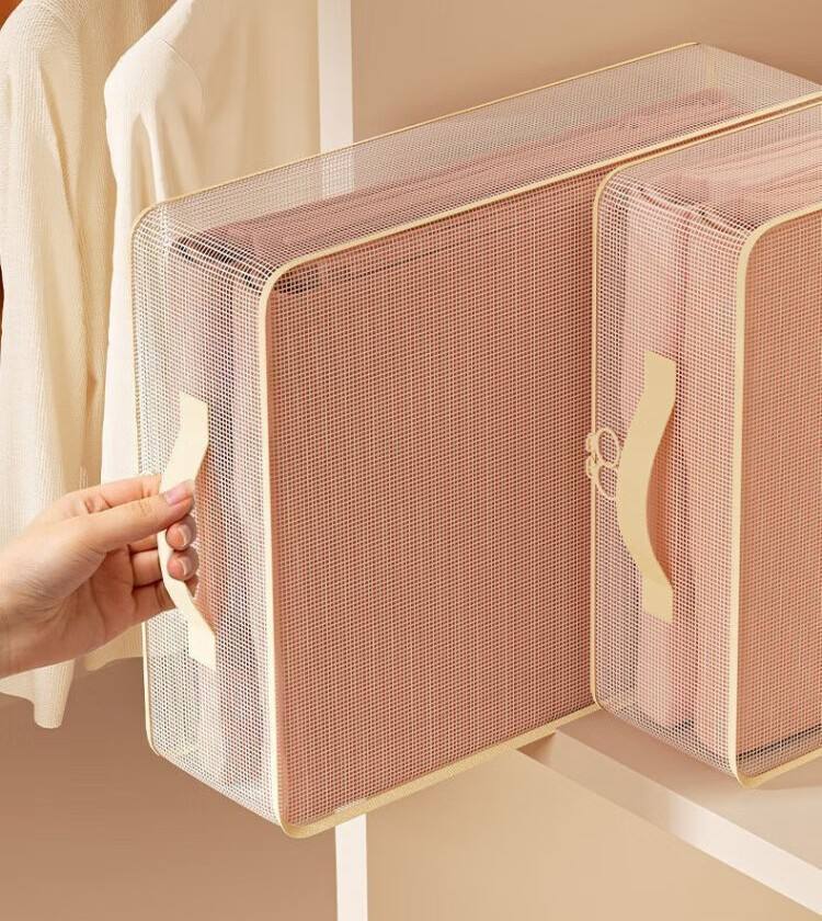 Close-up view of the handle and mesh structure of bed sheet storage bag
