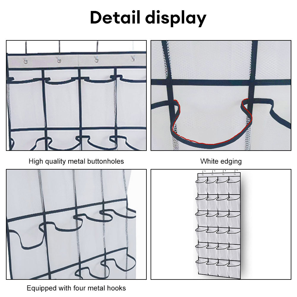 Detail display of metal hooks and reinforced edging of shoe organizer