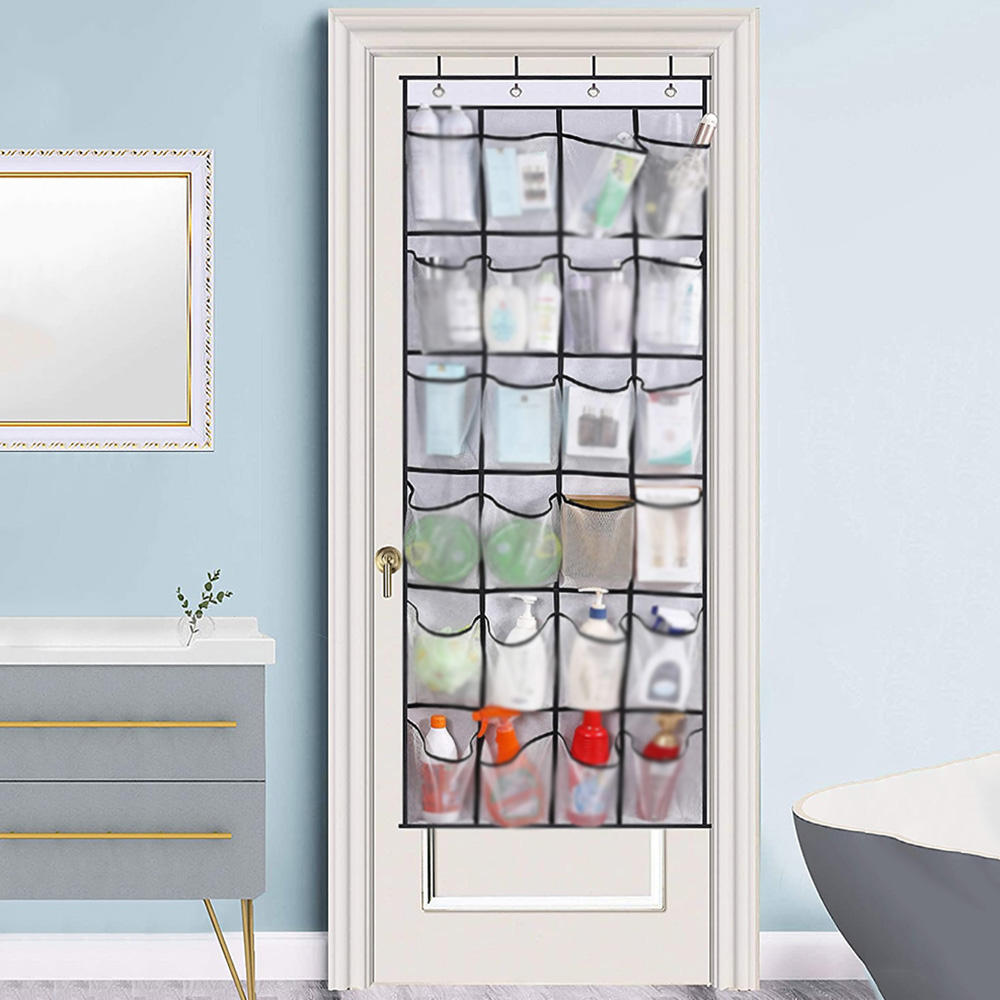24 pocket shoe organizer used on bathroom door for toiletries