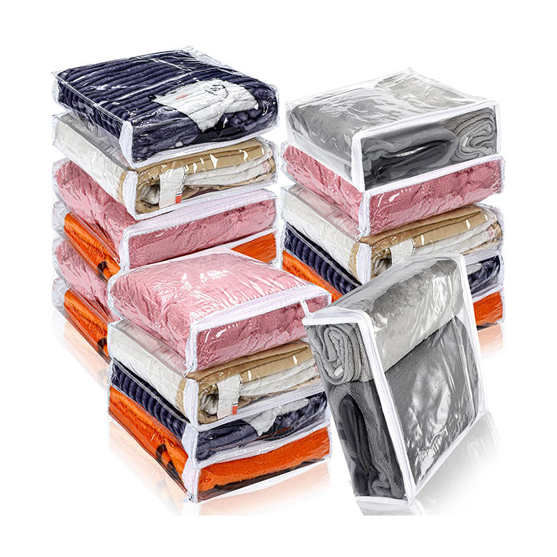 Stacked clear moth-proof clothes storage bags in multiple colors