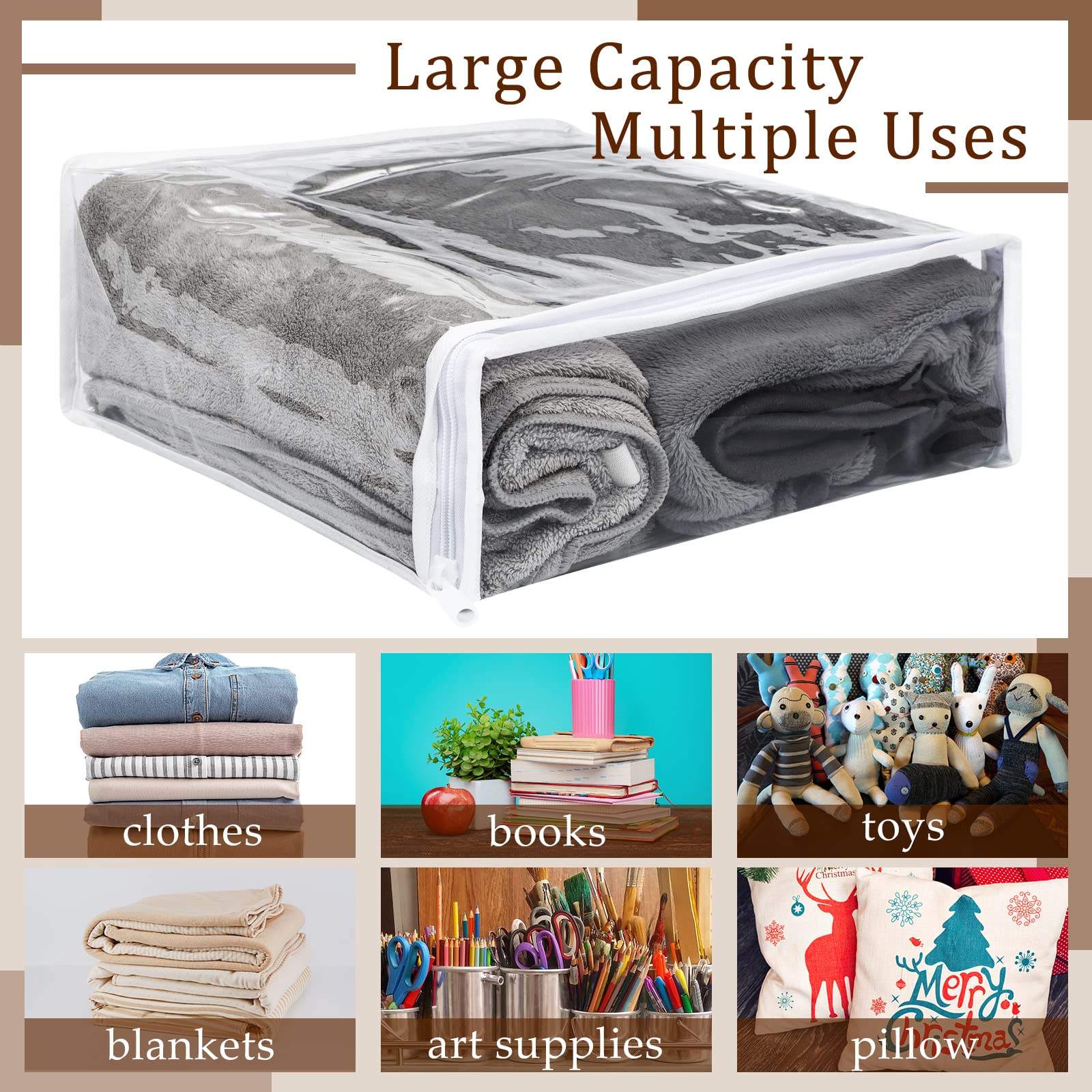 Infographic showing multiple uses of clear storage bags for clothes, books and toys