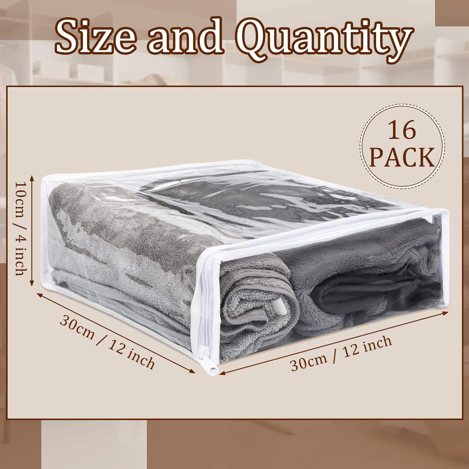 Size chart and quantity information of clear clothes storage bags