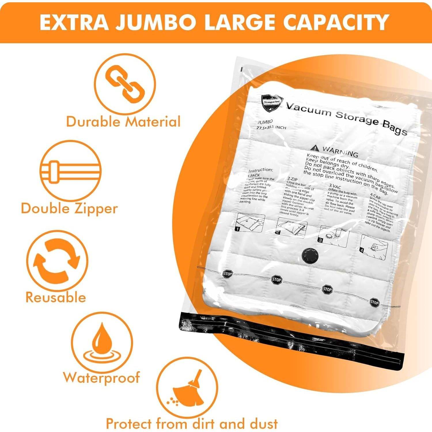 Infographic showing durable, double zipper, reusable vacuum storage bags