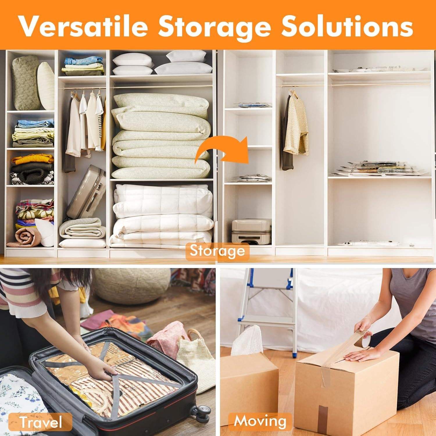 Vacuum storage bags used for closet organization, travel and moving