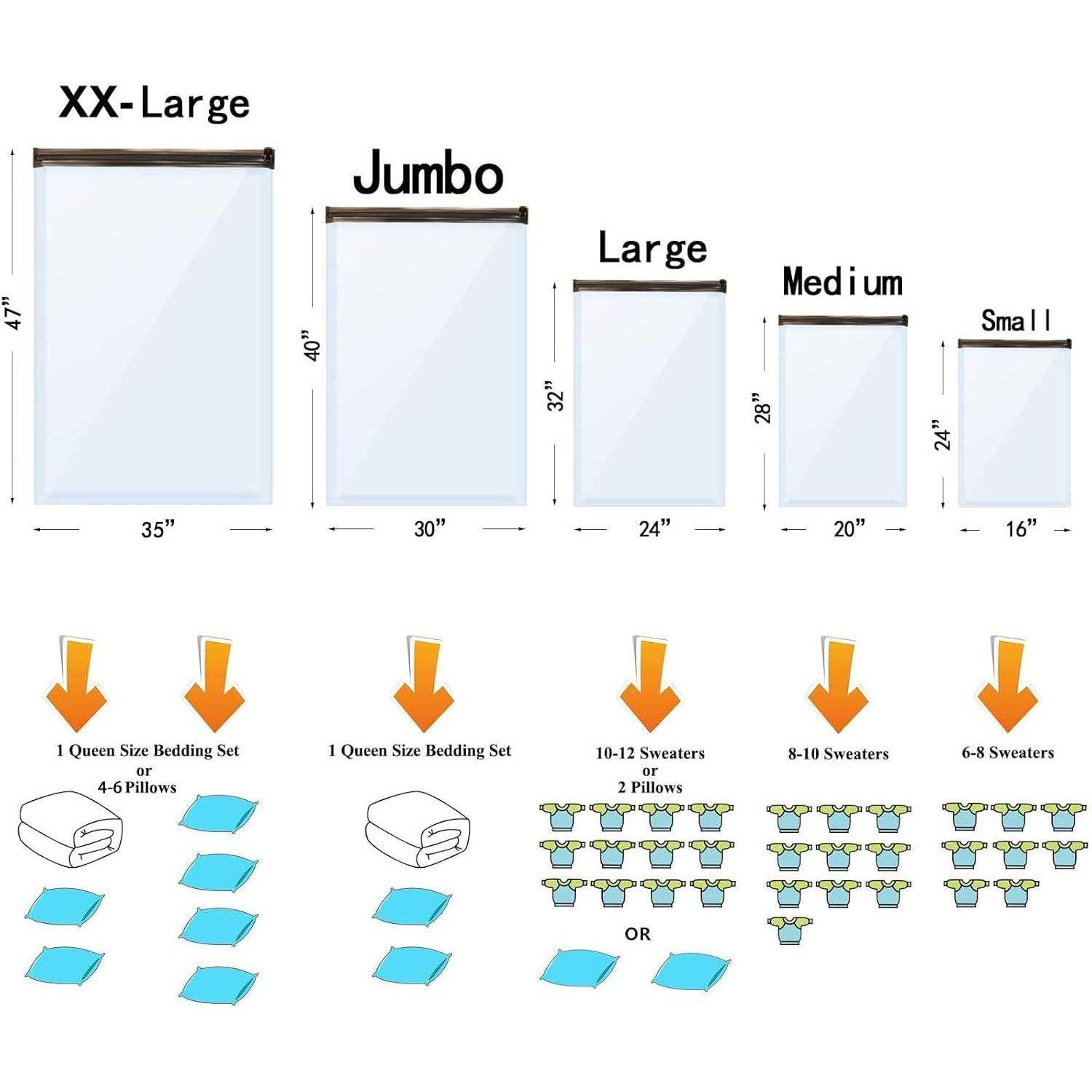 Size chart comparison of different sizes vacuum storage bags for various items
