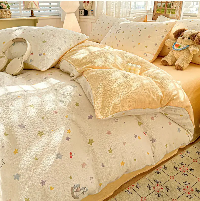 Washable fade-resistant cotton bed sheet set for long term home daily use