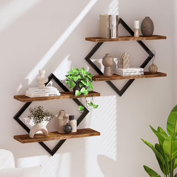 Wooden Floating Wall Shelves Set in Living Room Decor Scene