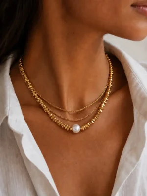 Gold pearl bead chain necklace made with water-resistant stainless steel