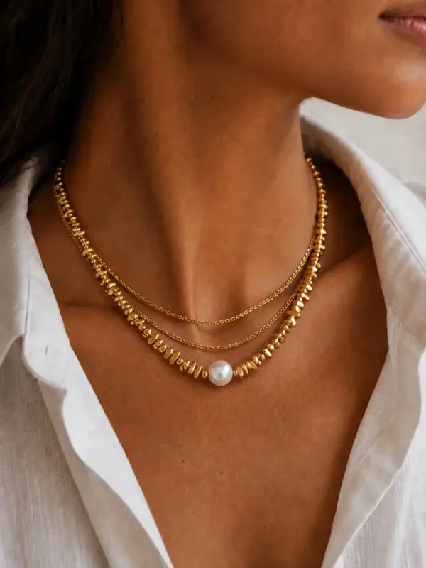 Gold pearl bead chain necklace made with water-resistant stainless steel