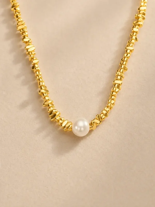 Gold pearl bead chain necklace made with water-resistant stainless steel