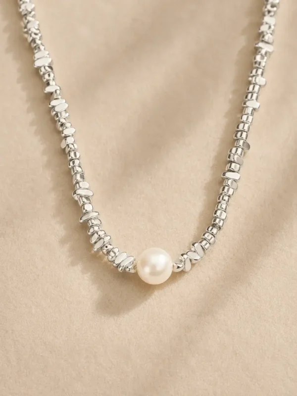 Silver pearl bead chain necklace made with water-resistant stainless steel