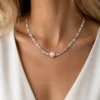 Silver pearl bead chain necklace made with water-resistant stainless steel