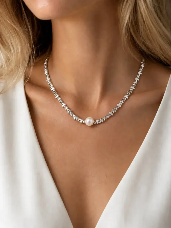 Silver pearl bead chain necklace made with water-resistant stainless steel