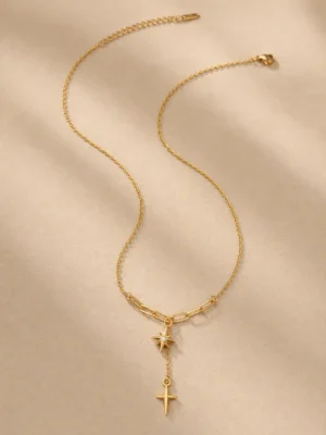 Gold star drop necklace made with water-resistant stainless steel