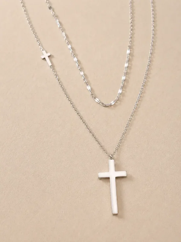 Water-resistant silver layered cross pendant necklace