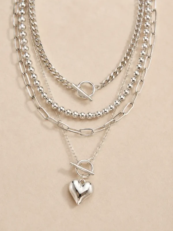 Silver layered toggle necklace with heart pendant