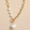 Gold irregular pearl pendant necklace with paperclip chain