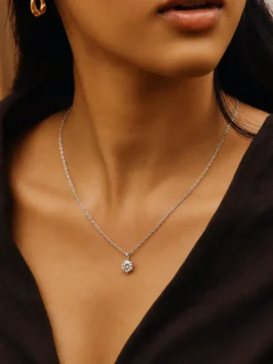 Model wearing 925 sterling silver 1 carat moissanite pendant necklace