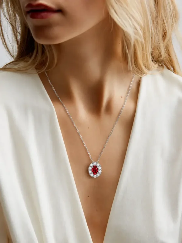 Model wearing 925 sterling silver ruby red gemstone halo necklace