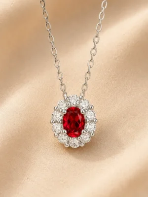 925 sterling silver ruby red gemstone halo pendant necklace close up