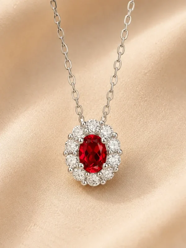925 sterling silver ruby red gemstone halo pendant necklace close up