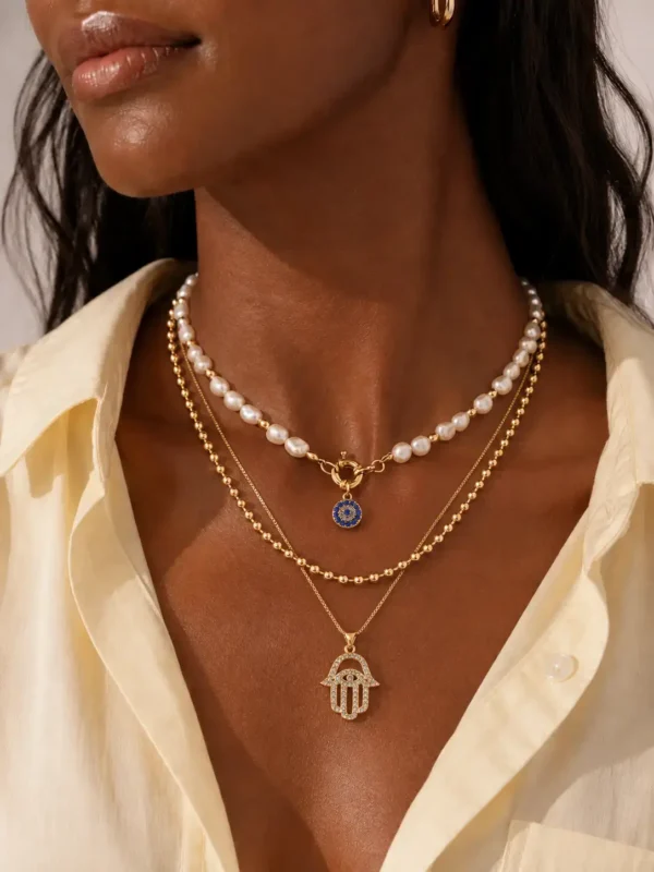 Model wearing gold layered evil eye pearl necklace