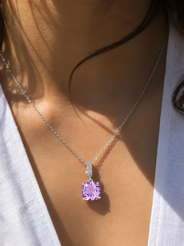 Model wearing 925 sterling silver purple crystal pendant necklace