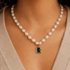 Model wearing freshwater pearl green stone necklace