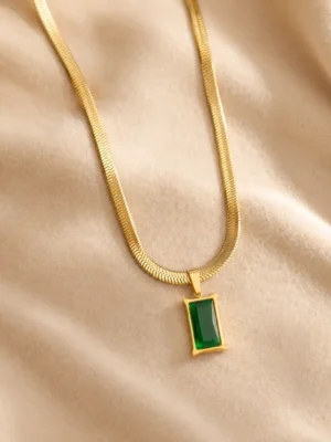 Gold PVD green stone pendant necklace close up
