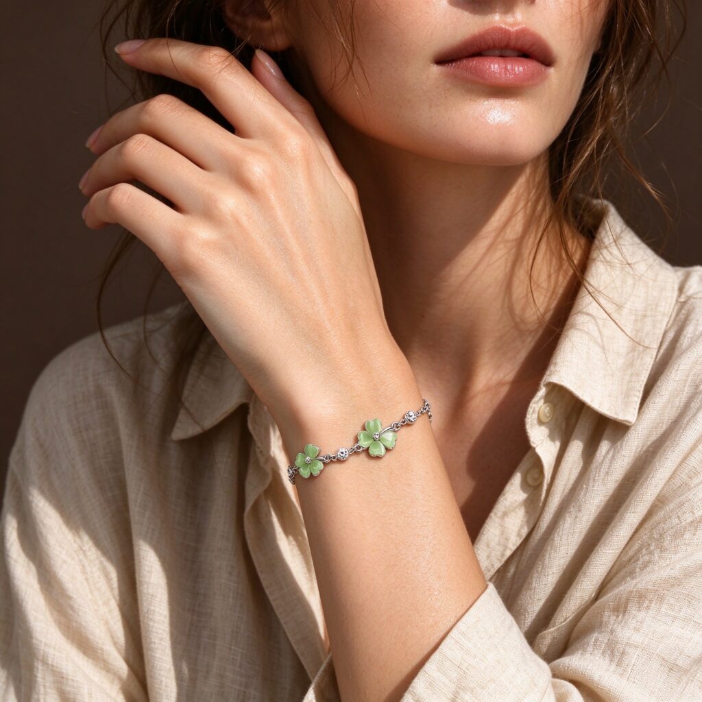 Green Clover Silver Bracelet – Dainty Four Leaf Clover Lucky Charm Jewelry for Women