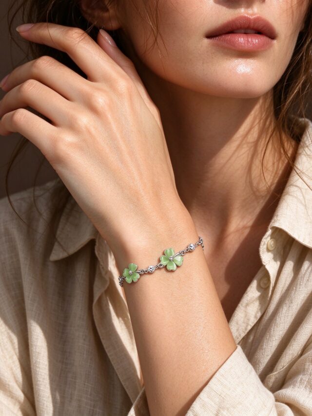 Green Clover Silver Bracelet - Dainty Four Leaf Clover Lucky Charm Jewelry for Women