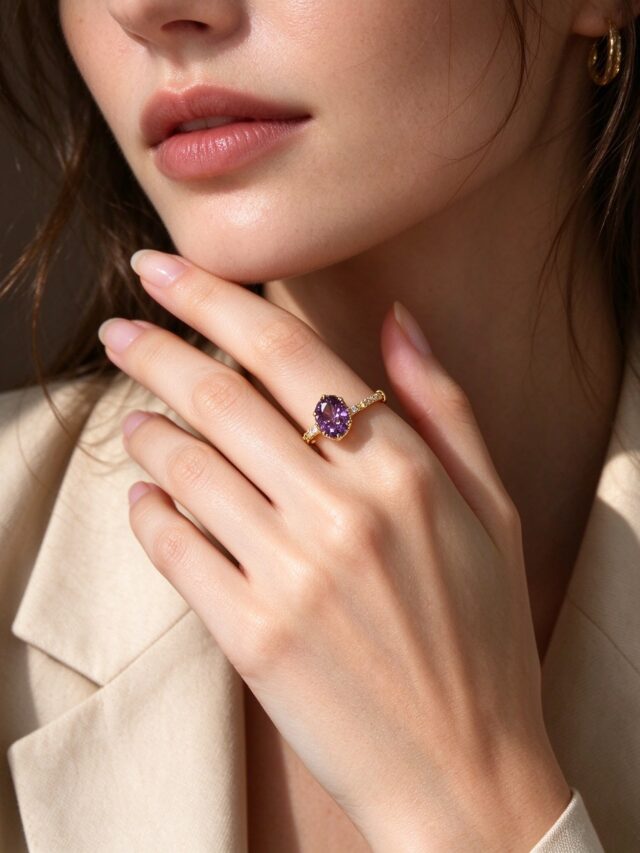 Gold Purple CZ Ring - Vintage Oval Amethyst Stone Adjustable Ring for Women