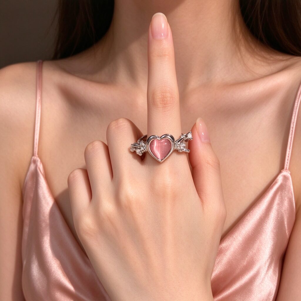 Silver Pink Heart CZ Ring – Arrow Through Heart Adjustable Statement Ring for Women