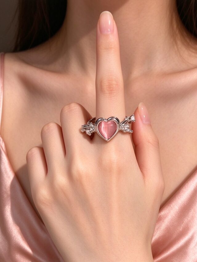 Silver Pink Heart CZ Ring - Arrow Through Heart Adjustable Statement Ring for Women
