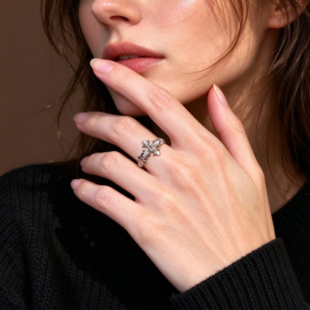 Silver Cross Fleur CZ Ring – Vintage Medieval Gothic Adjustable Statement Ring for Women